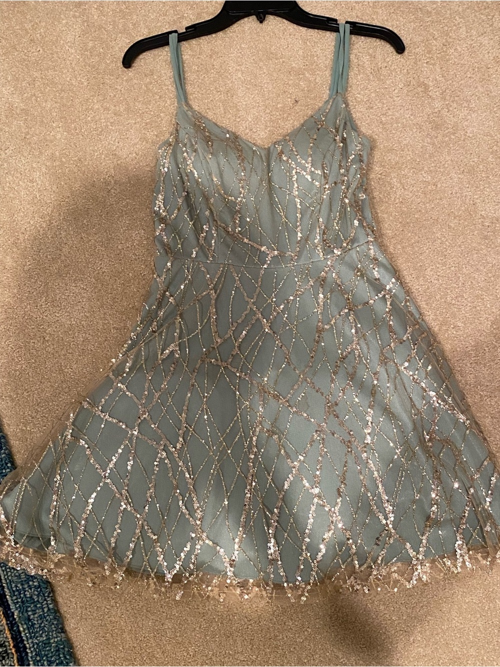 Sparkling Sage A-Line Cocktail Dress with Gold Sequin Overlay